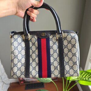 Vintage Gucci Web GG Supreme Boston Coated Leather Tote Bag Italy Navy Blue